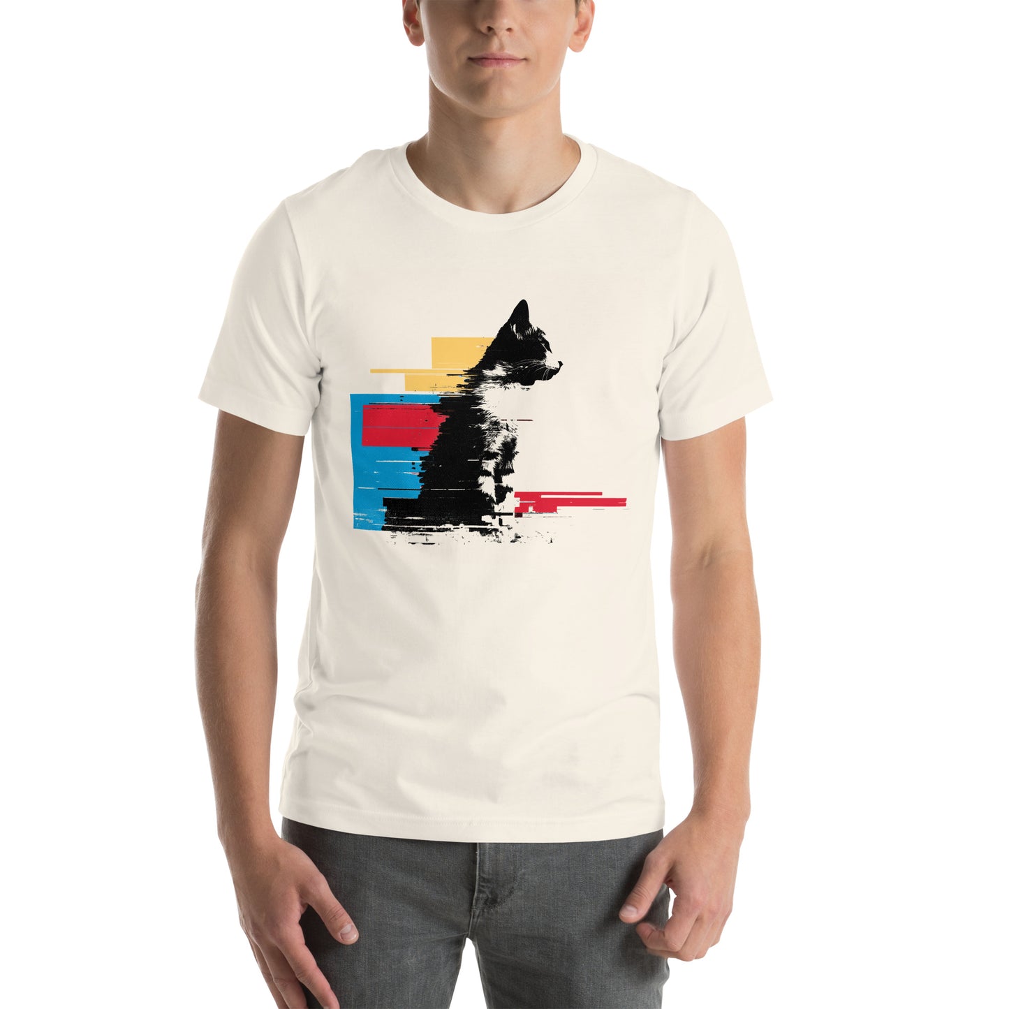 Front view of vintage white t-shirt with seated black cat fractured by colorful glitch lines