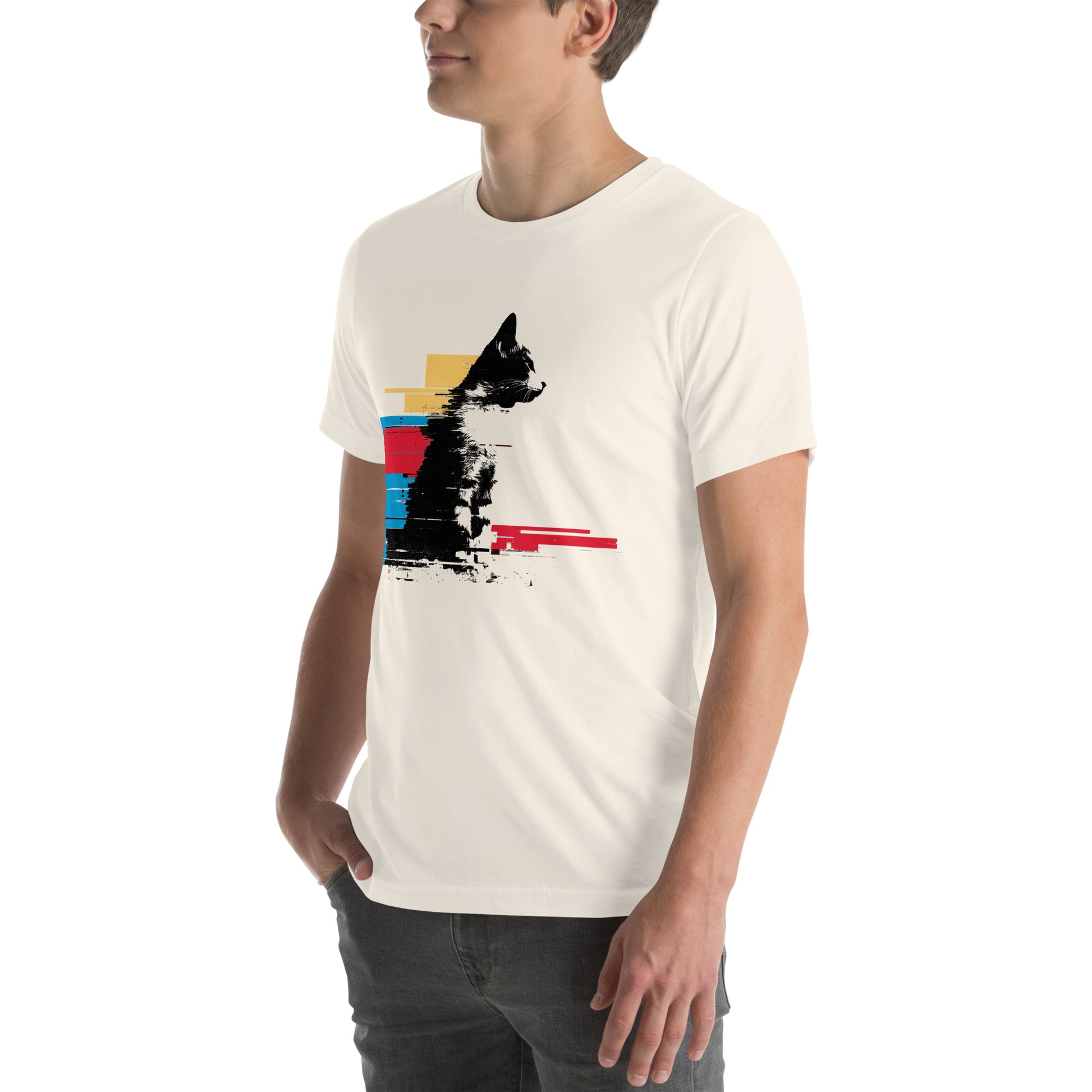 Left front view of vintage white t-shirt showing digital distortion cat silhouette and bold striping