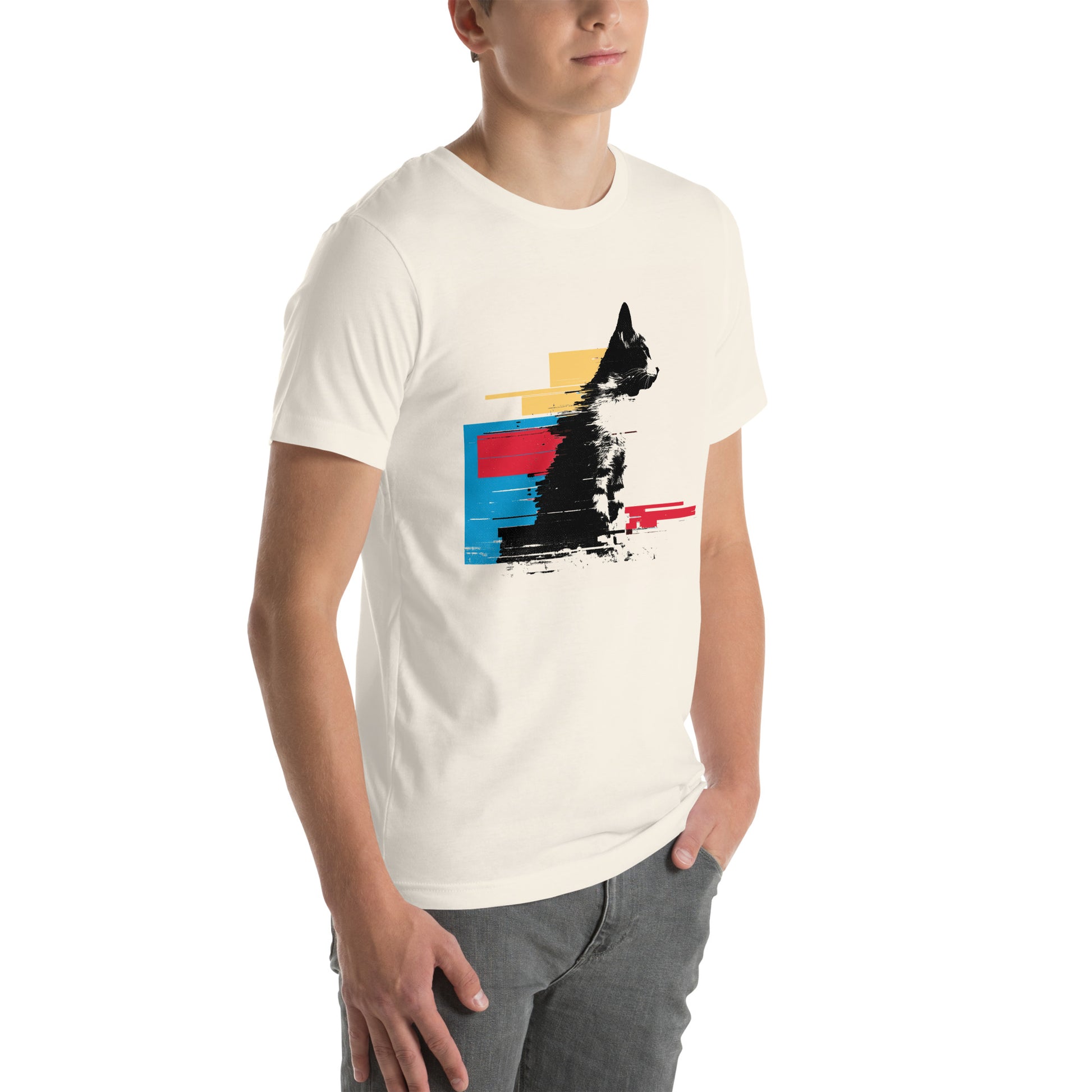 Right front view of vintage white t-shirt featuring glitch art cat in red, blue, and yellow interference design