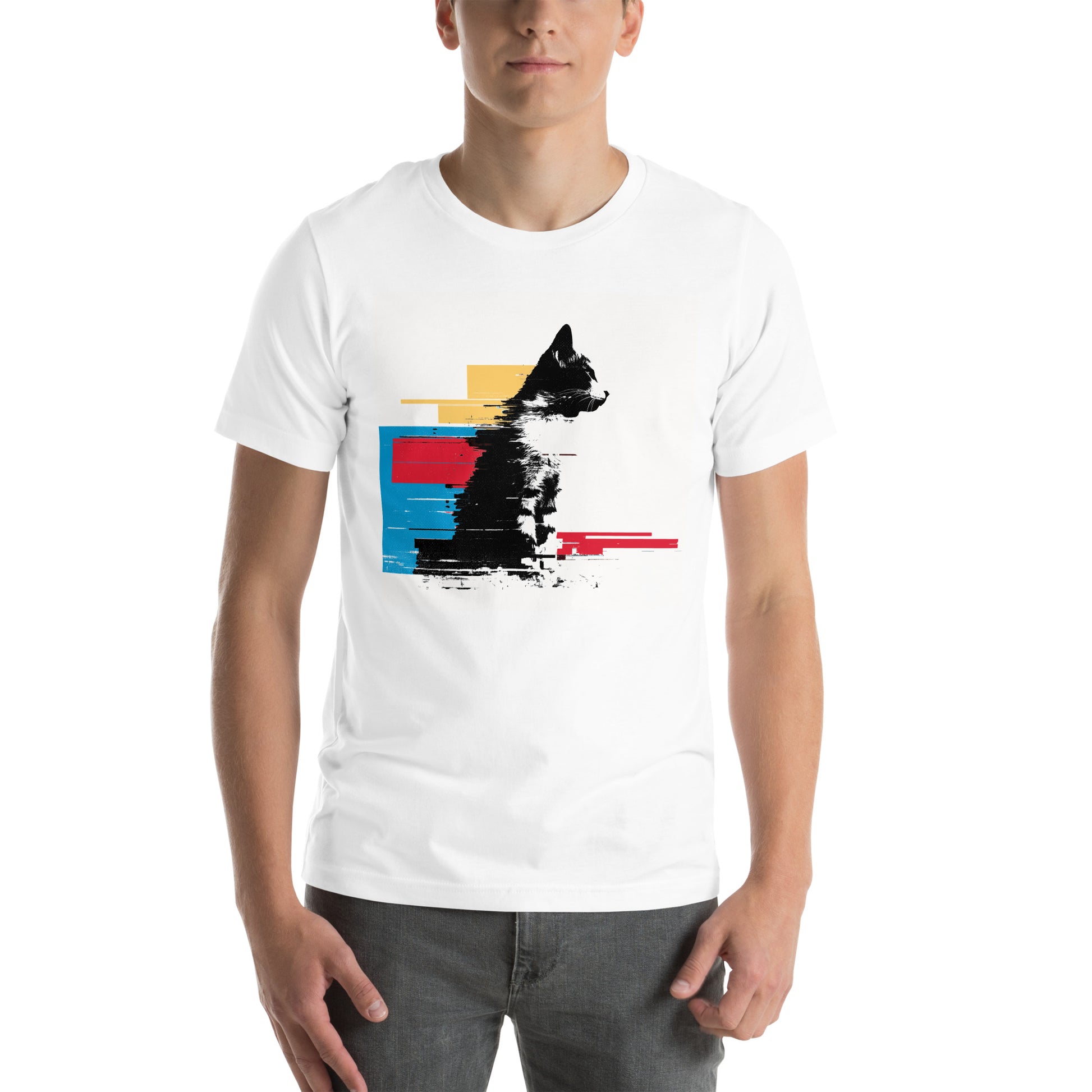 Front view of white t-shirt with modern graphic cat disrupted by color block stripes