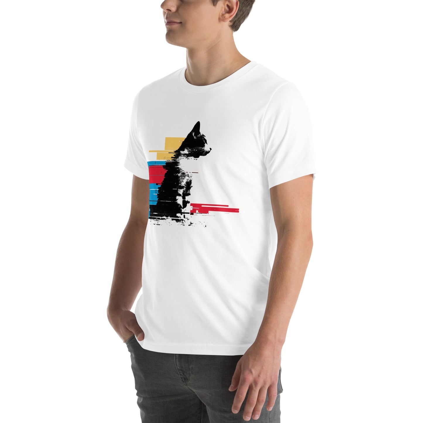 Left front view of white t-shirt showing abstract glitch cat design with clean digital textures