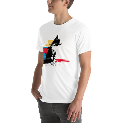 Left front view of white t-shirt showing abstract glitch cat design with clean digital textures