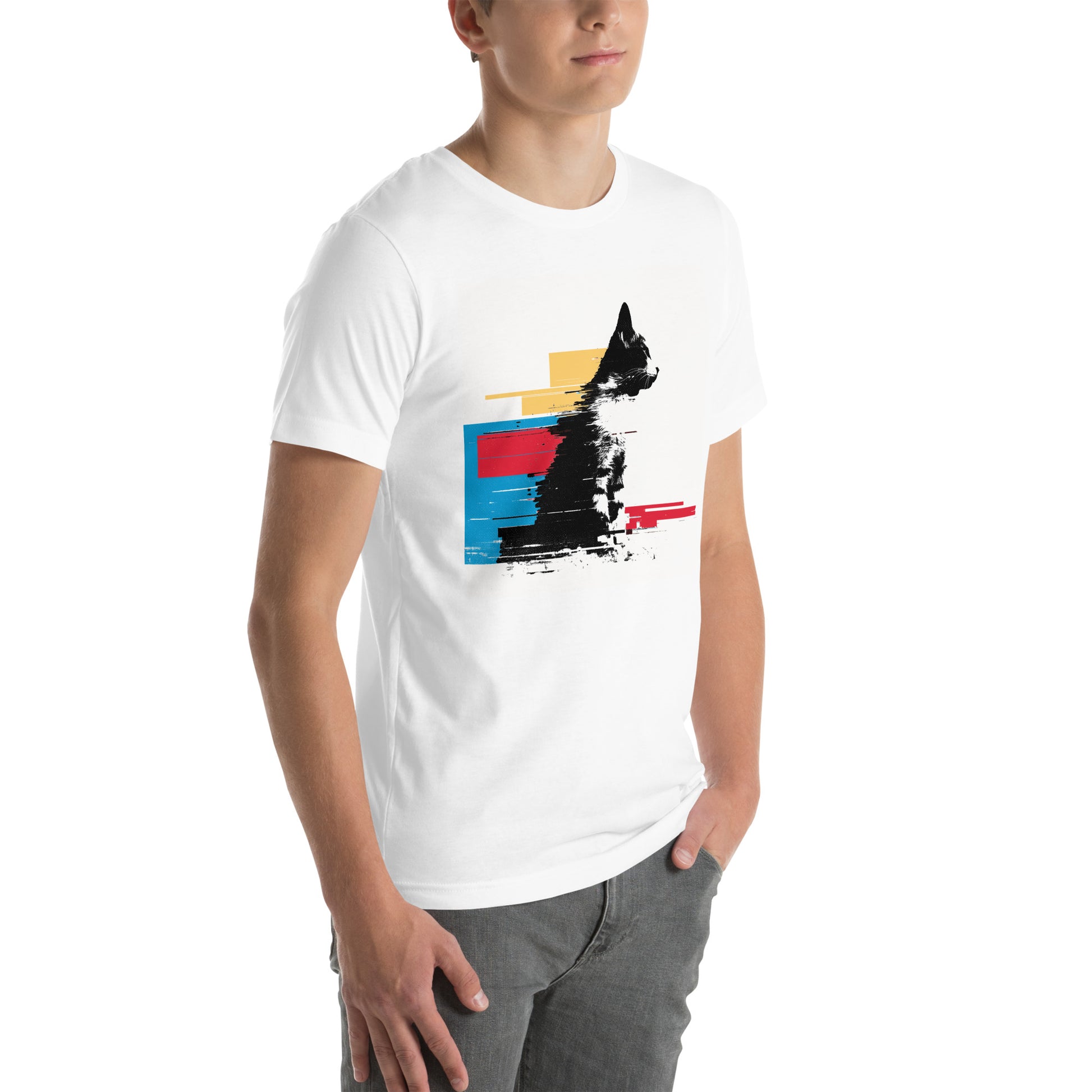 Right front view of white t-shirt with seated cat glitched by red, yellow, and blue motion bars