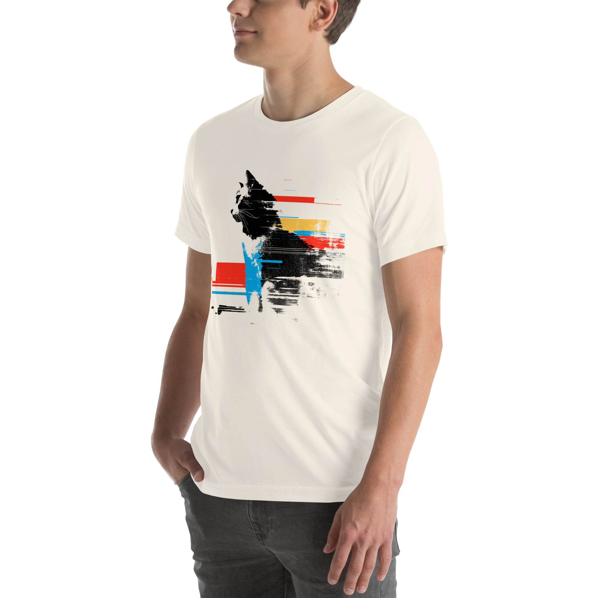 Left front view of vintage white t-shirt showing expressive digital glitch cat in red, yellow, and blue overlays