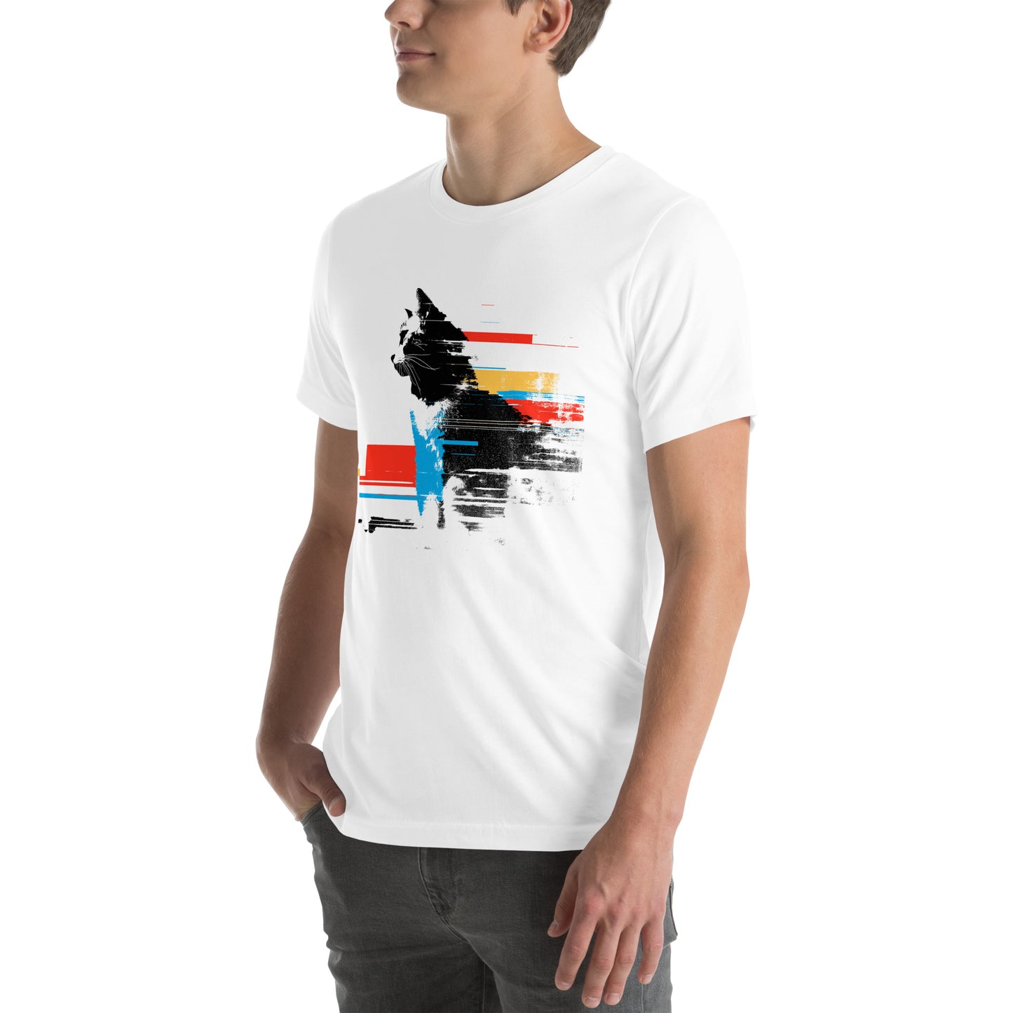 Left front view of white t-shirt showing distorted cat design with horizontal color glitches
