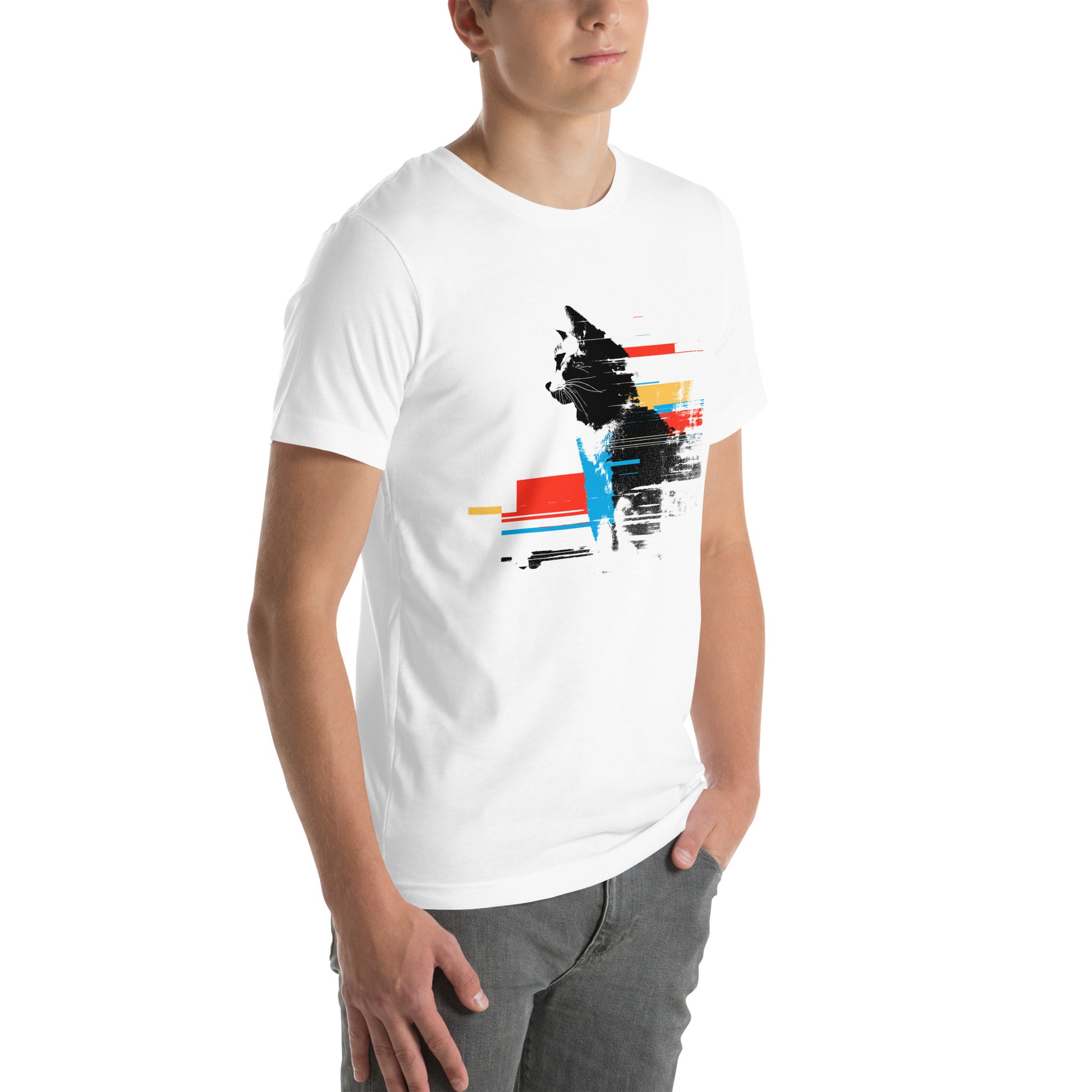 Right front view of white t-shirt with glitch-style black and white cat fragmented by red, yellow, and blue stripes