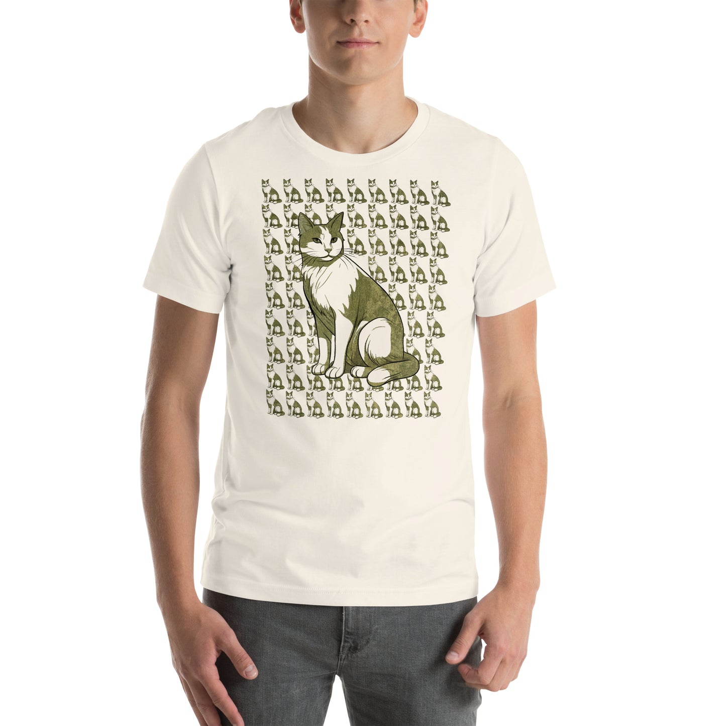 Front view of vintage white t-shirt with repeating green and white cat graphic
