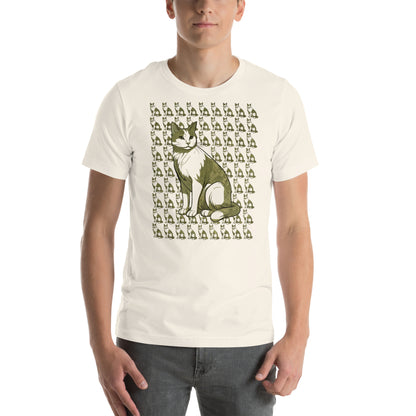 Front view of vintage white t-shirt with repeating green and white cat graphic