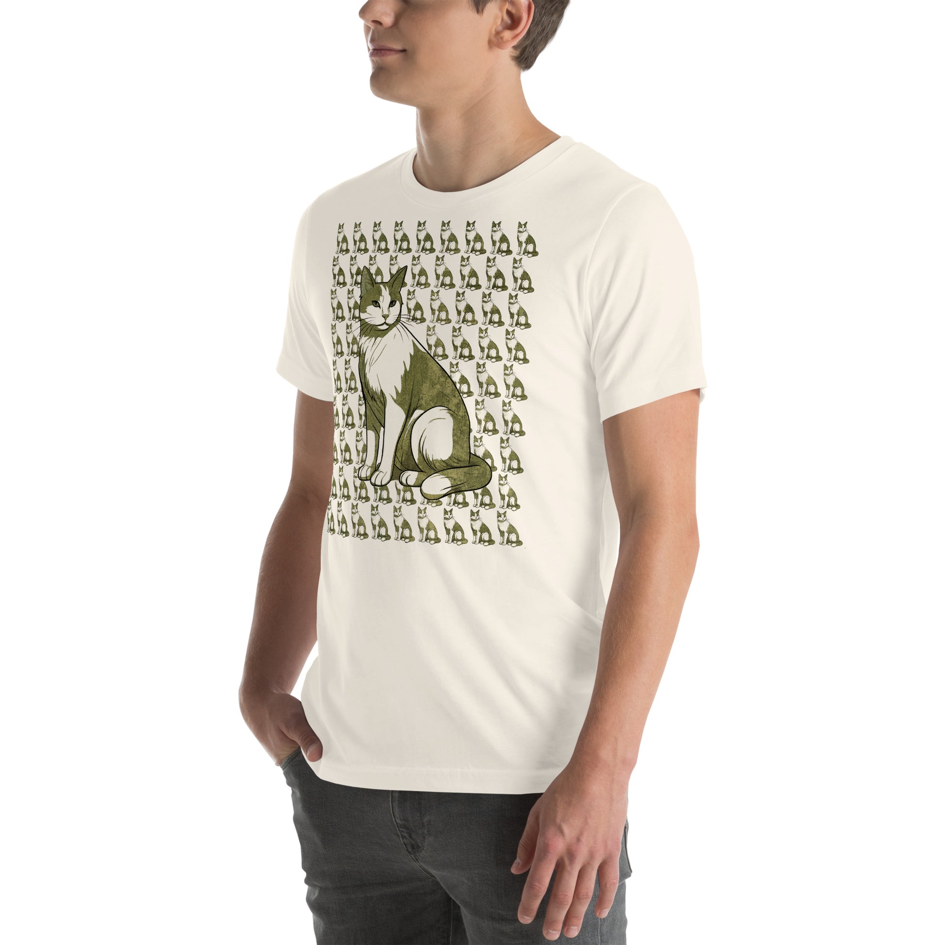 Left front view of vintage white t-shirt with artistic green cat pattern