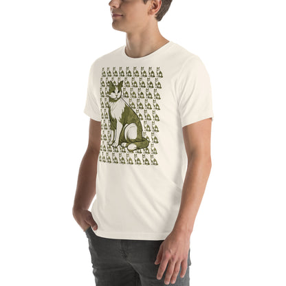 Left front view of vintage white t-shirt with artistic green cat pattern