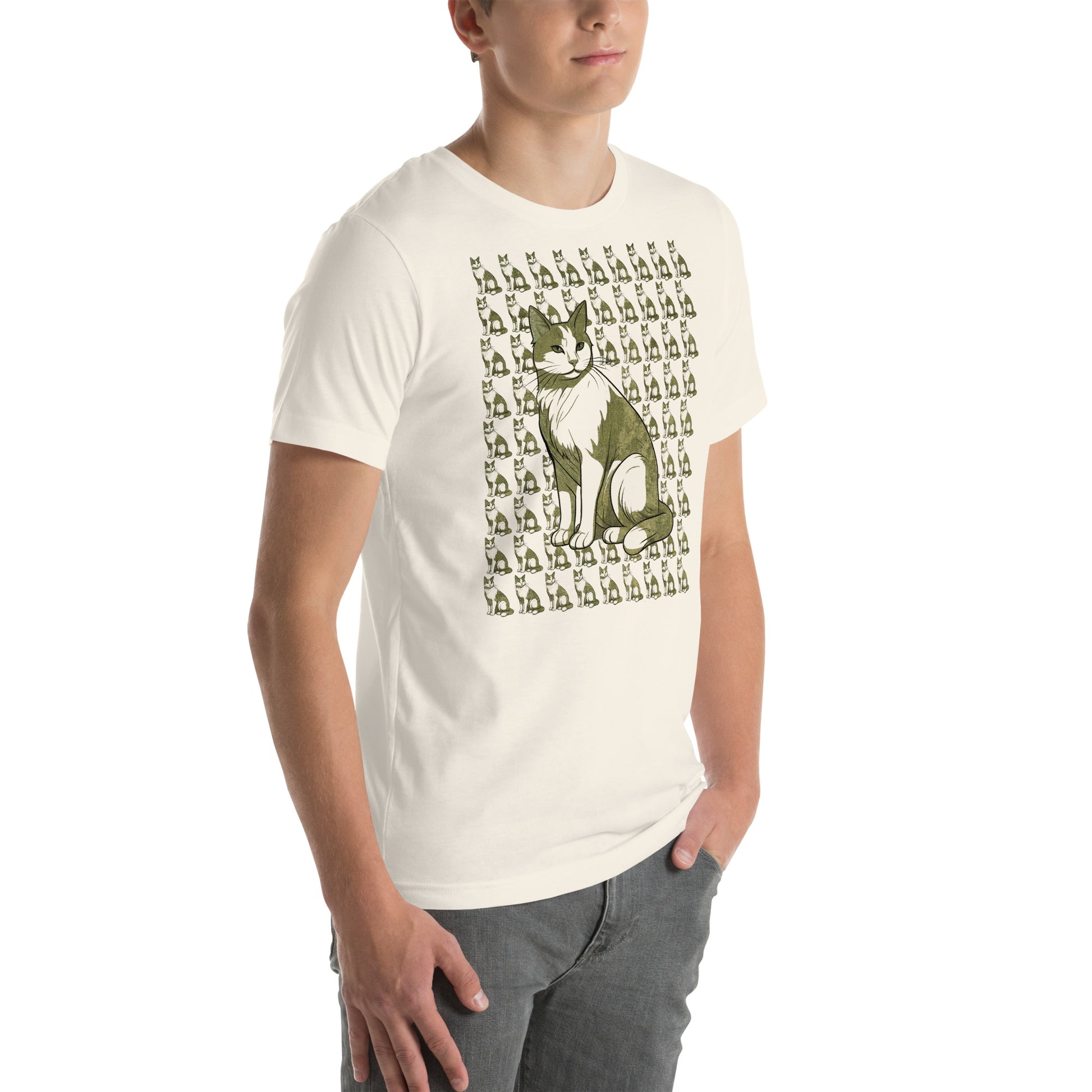 Right front view of vintage white t-shirt with multi-cat repeating green pattern