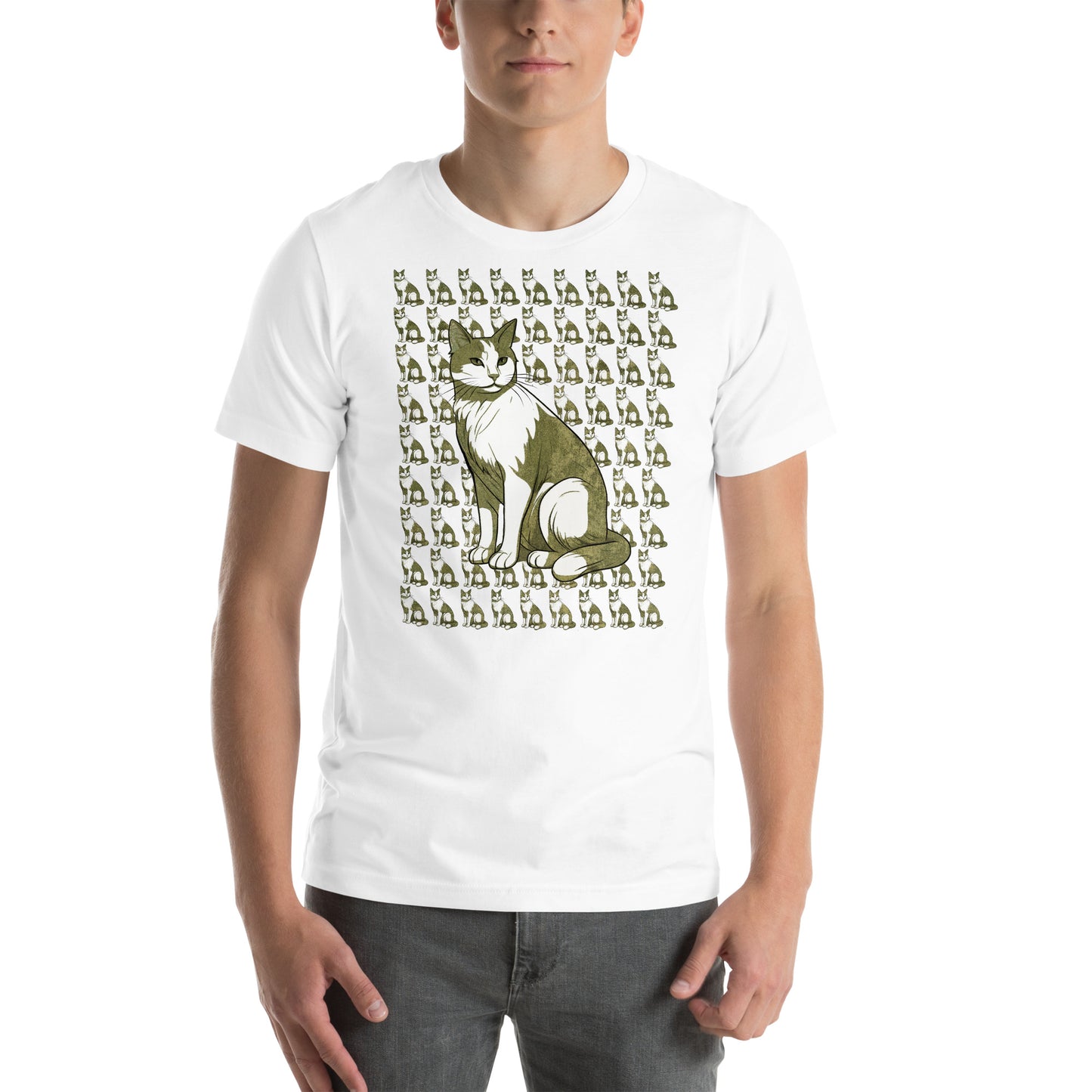 Front view of white t-shirt featuring large cat with smaller repeating pattern