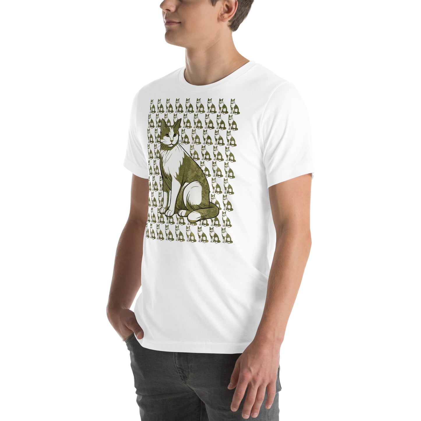 Left front view of white t-shirt with stylized repeating cat print