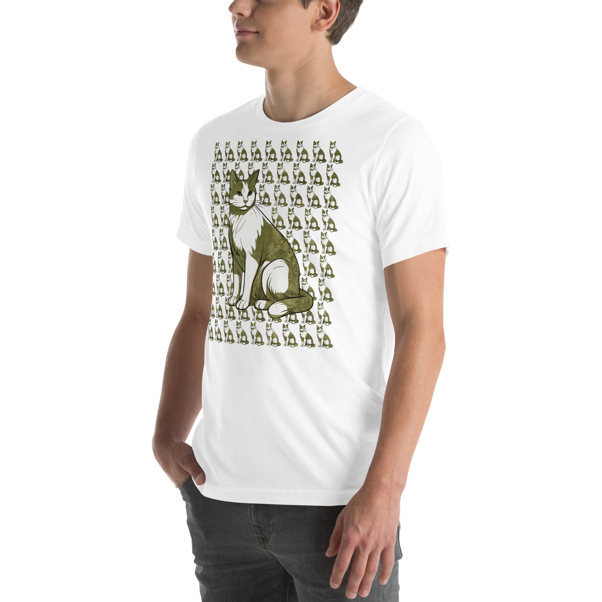 Left front view of white t-shirt with stylized repeating cat print