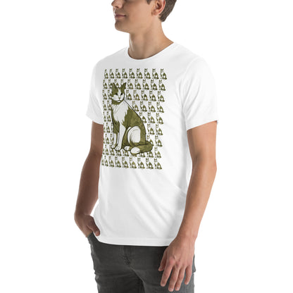 Left front view of white t-shirt with stylized repeating cat print