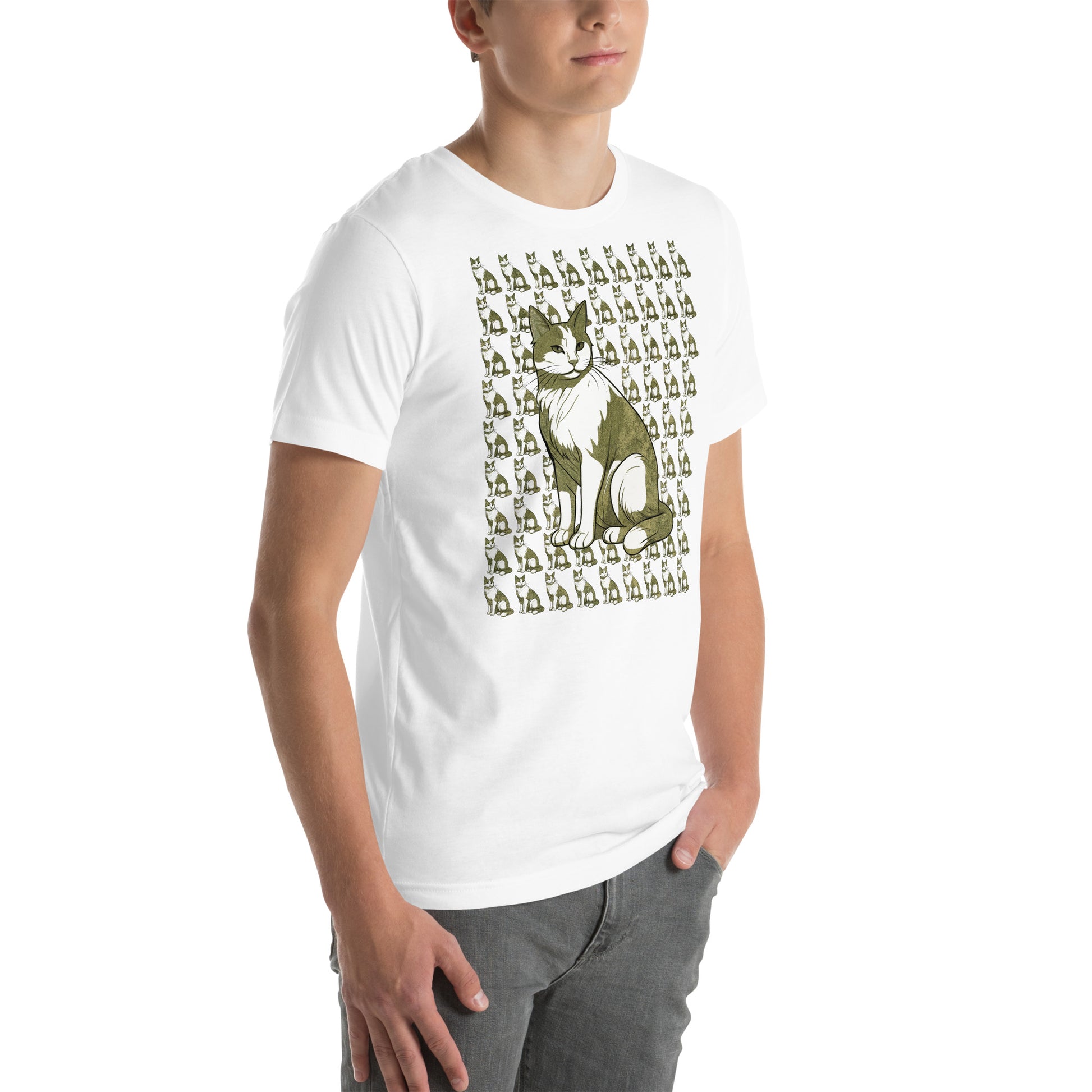 Right front view of white t-shirt with green and white cat repeating pattern
