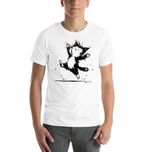 Front view of white t-shirt with expressive black and white jumping kitty and red accents