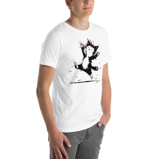 Right front view of white t-shirt with cartoon cat leaping upward and red-padded paws