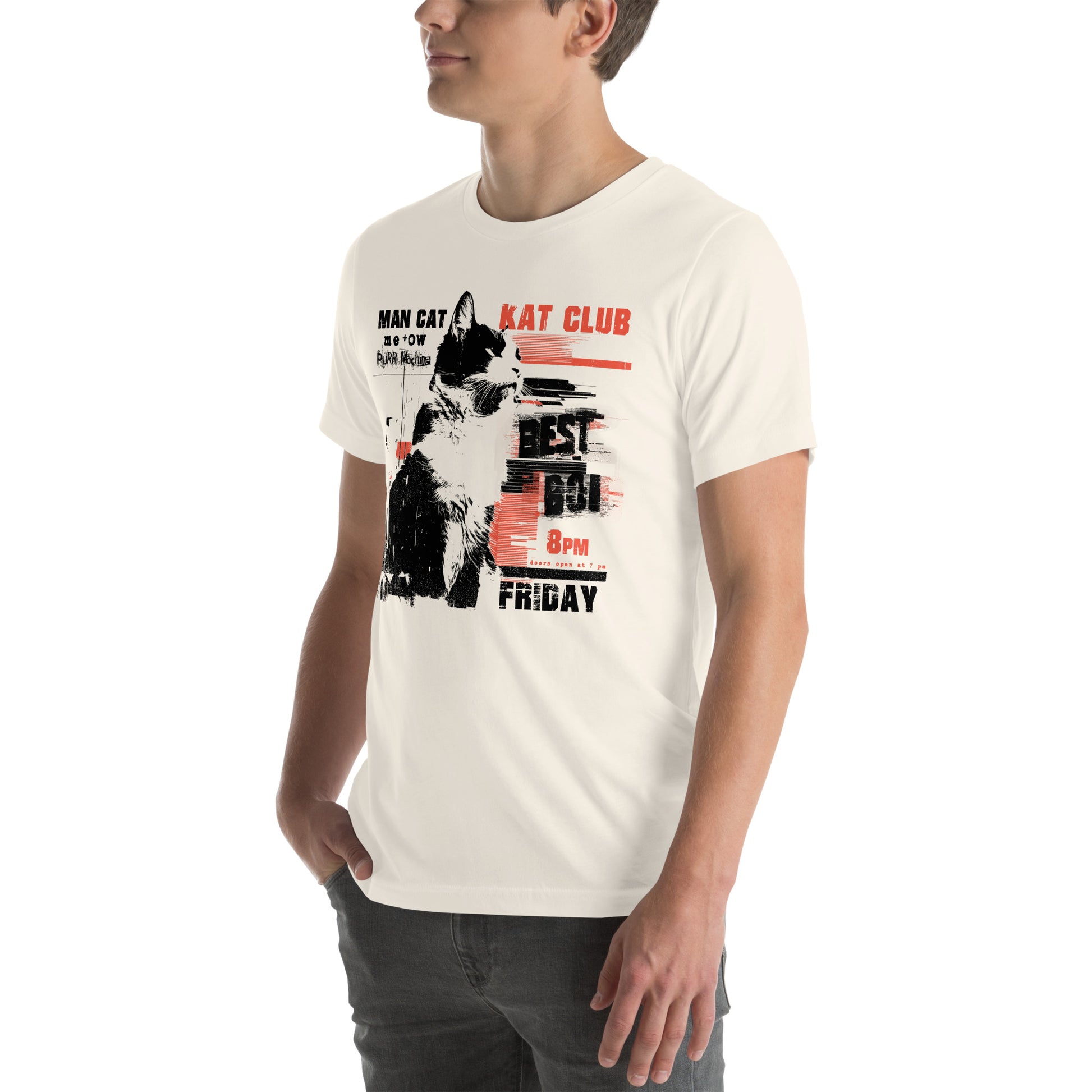 Left front view of vintage white t-shirt showing band names and distressed glitch cat print