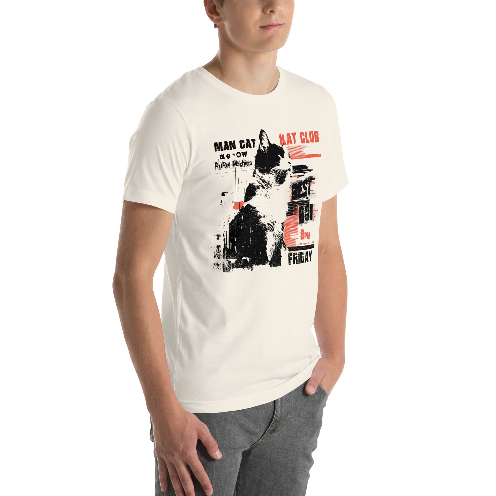 Right front view of vintage white t-shirt with rough gig poster featuring cat and noisy red-black type