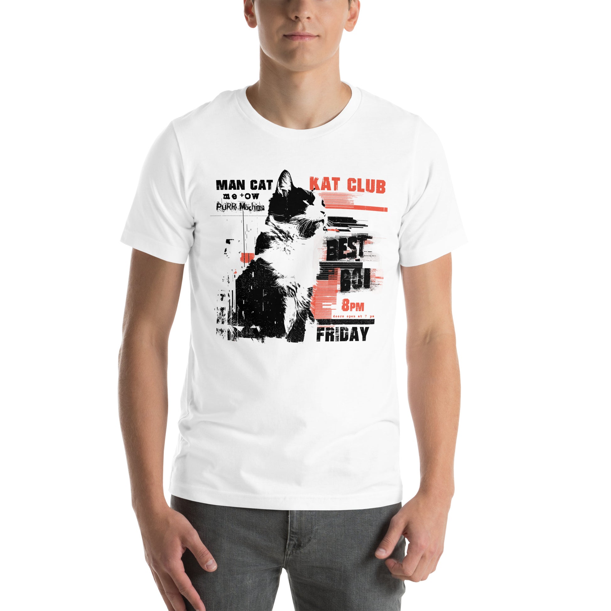 Front view of white t-shirt with bold underground flyer-style design featuring music acts and graphic cat