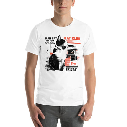 Front view of white t-shirt with bold underground flyer-style design featuring music acts and graphic cat