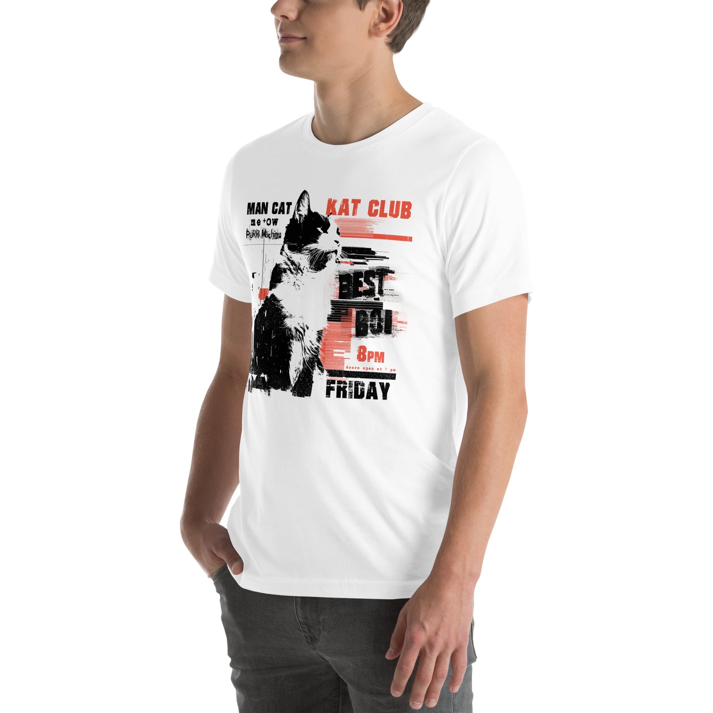 Left front view of white t-shirt showing glitchy black cat with distressed club typography and lineup
