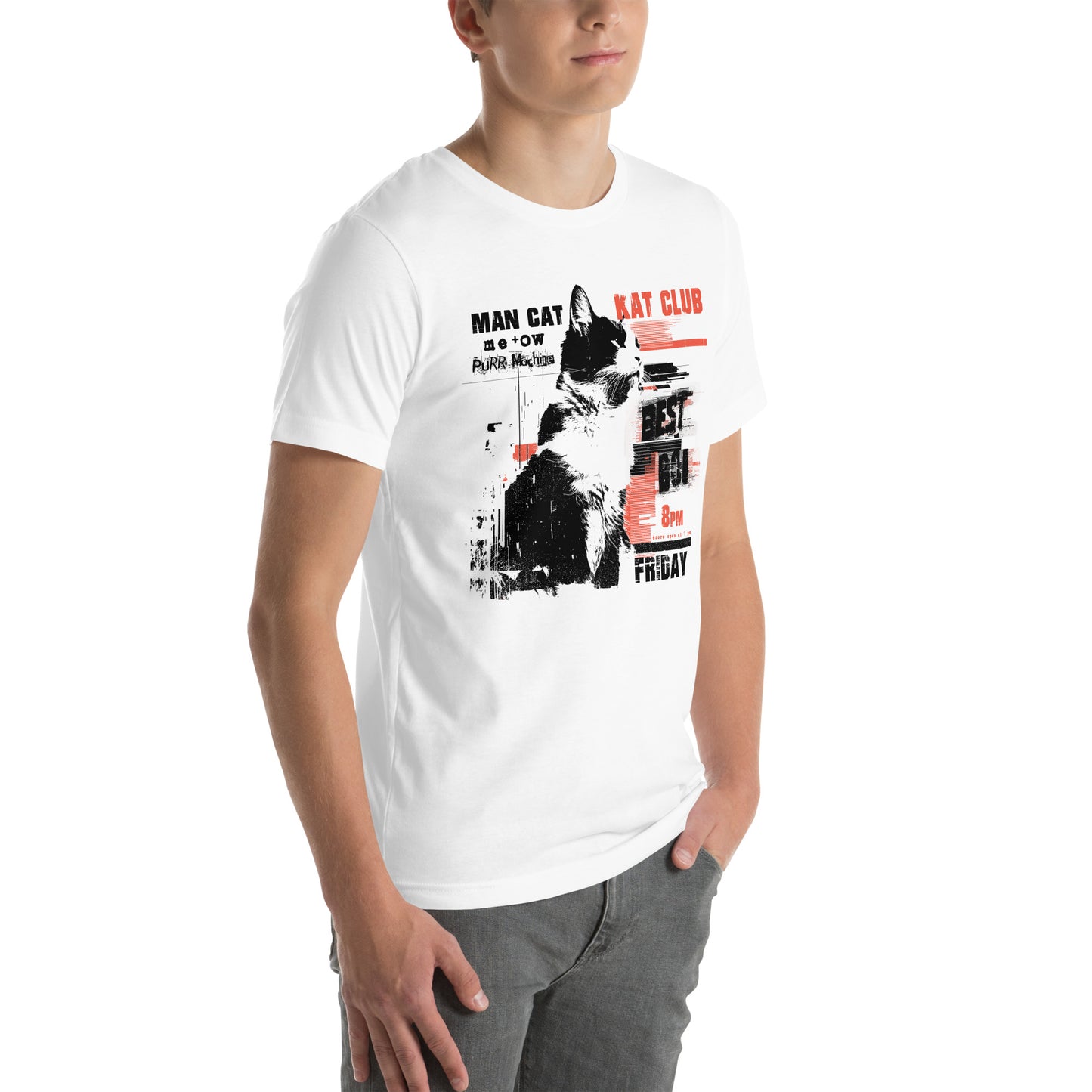 Right front view of white t-shirt with punk flyer-style cat poster featuring band listing and red text overlays