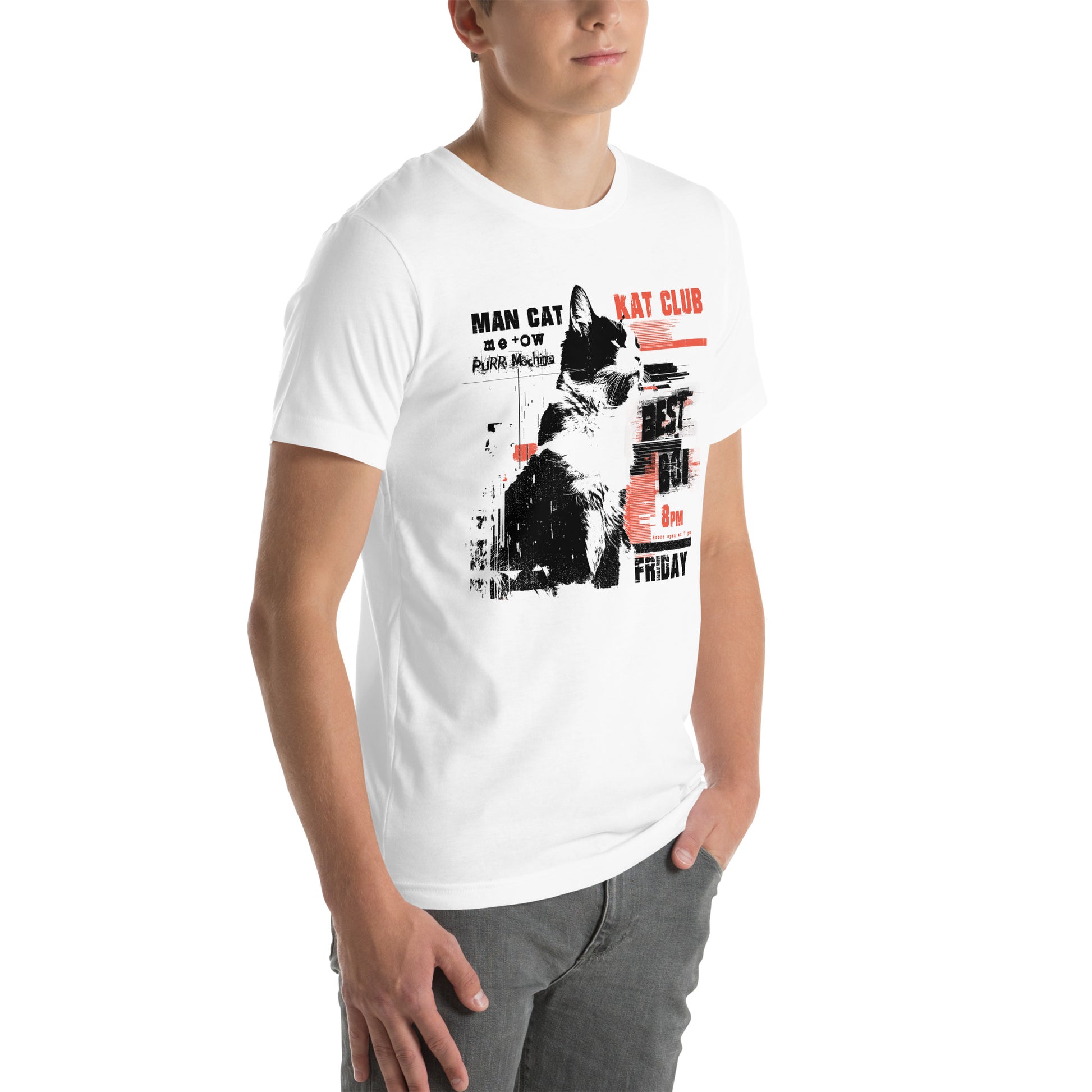 Right front view of white t-shirt with punk flyer-style cat poster featuring band listing and red text overlays