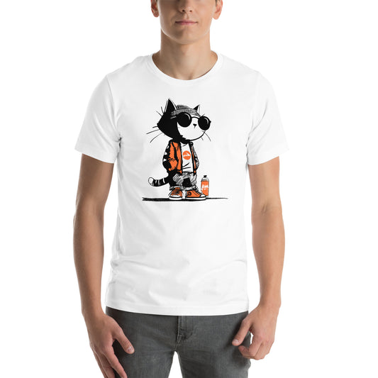 White front, product image Cartoon cat named Mittenz wearing sunglasses, beanie, and streetwear, standing next to spray can – graffiti-style t-shirt design.
