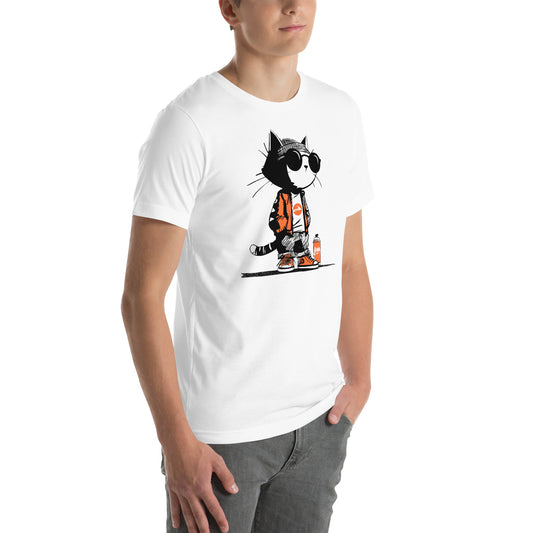 White, right front, Cartoon cat named Mittenz wearing sunglasses, beanie, and streetwear, standing next to spray can – graffiti-style t-shirt design.