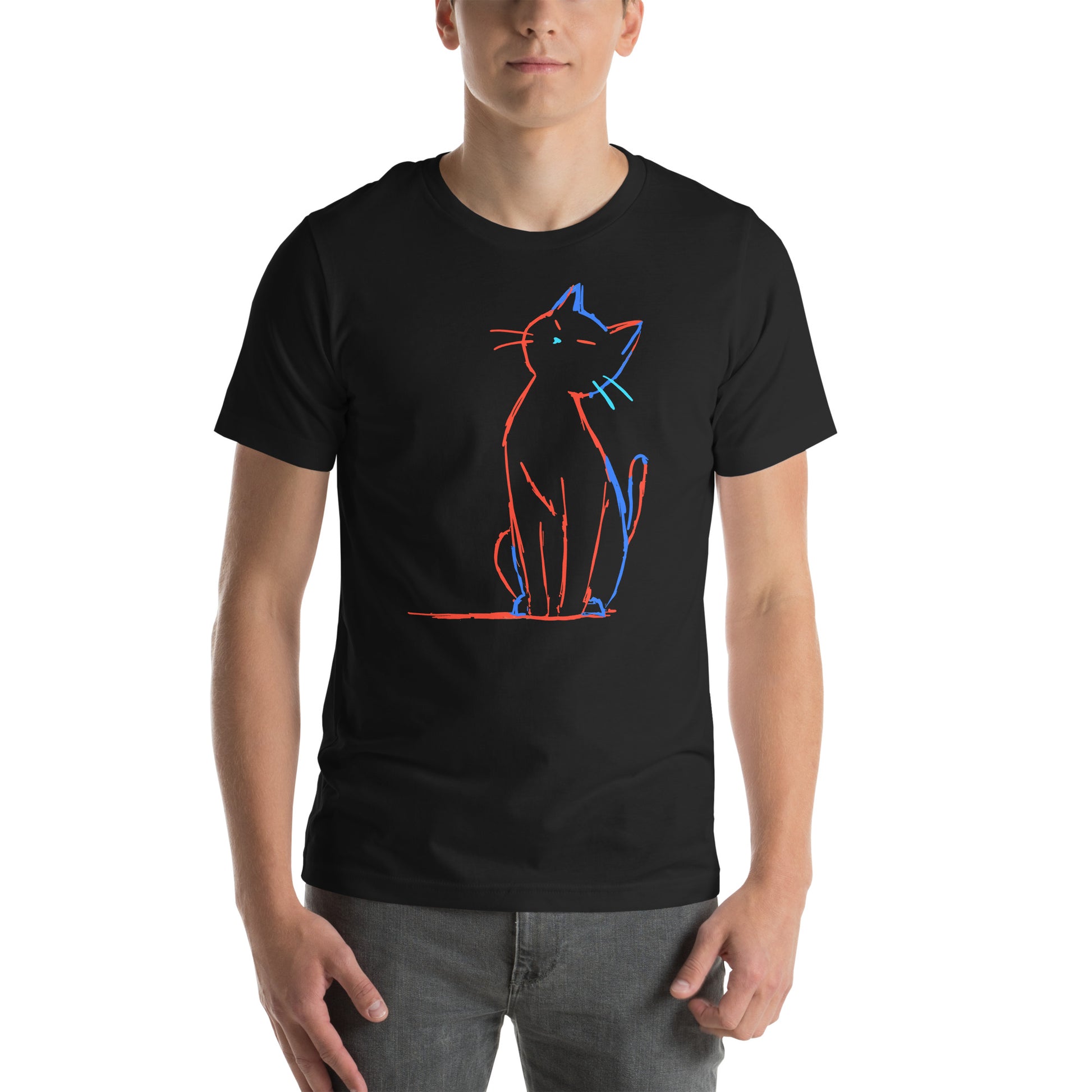 Front view of black t-shirt with clean neon cat silhouette and glowing whiskers design
