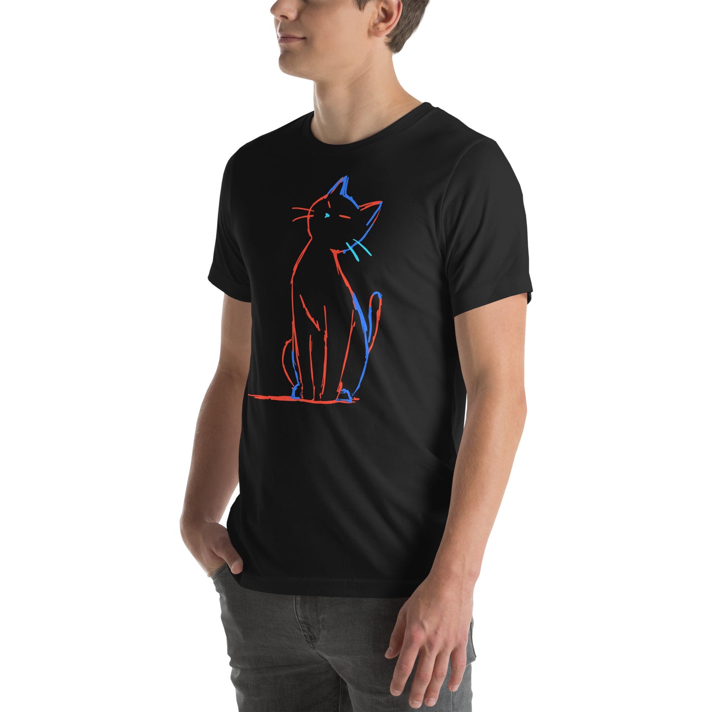 Left front view of black t-shirt showing elegant line art cat design in electric colors