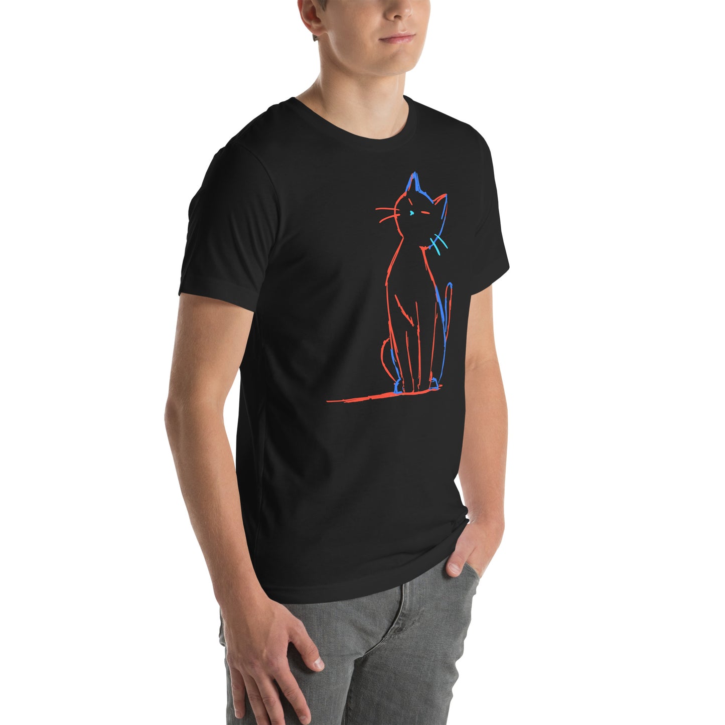 Right front view of black t-shirt featuring minimalist cat in neon red, blue, and teal outline