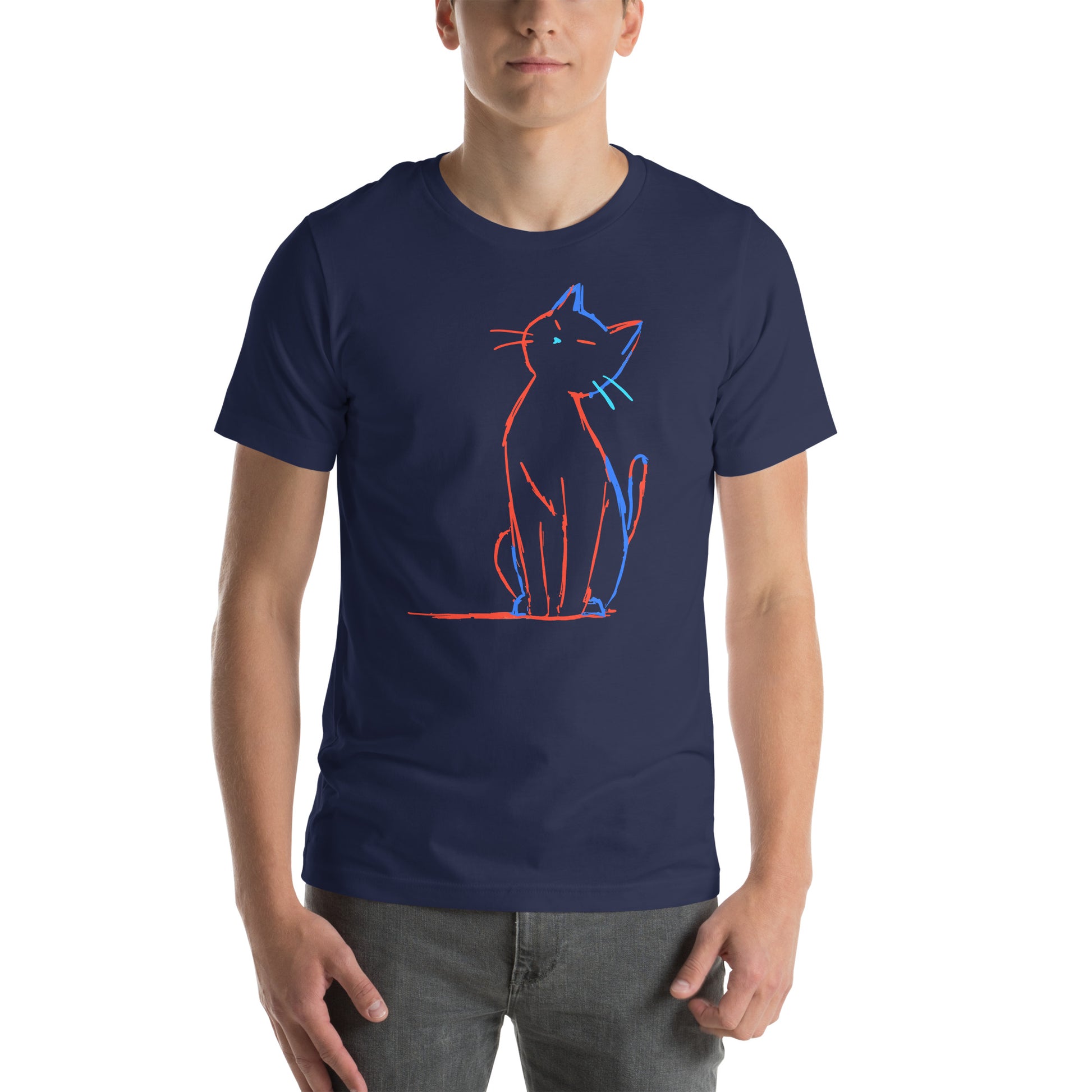 Front view of navy t-shirt featuring modern neon line-art cat silhouette in bold accent colors