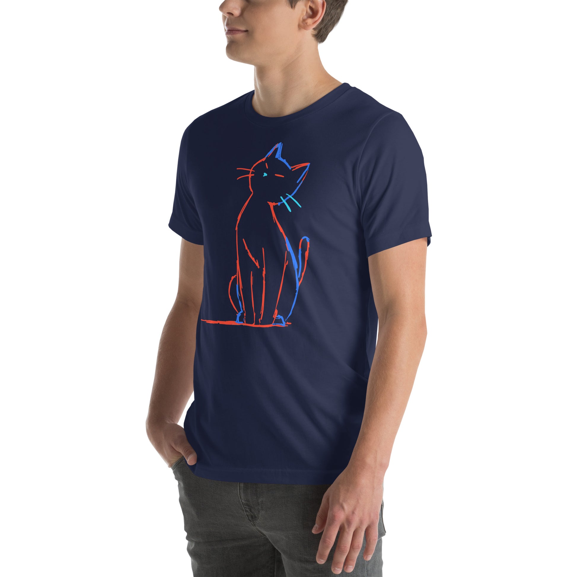 Left front view of navy t-shirt showing minimal electric cat design with glowing color lines