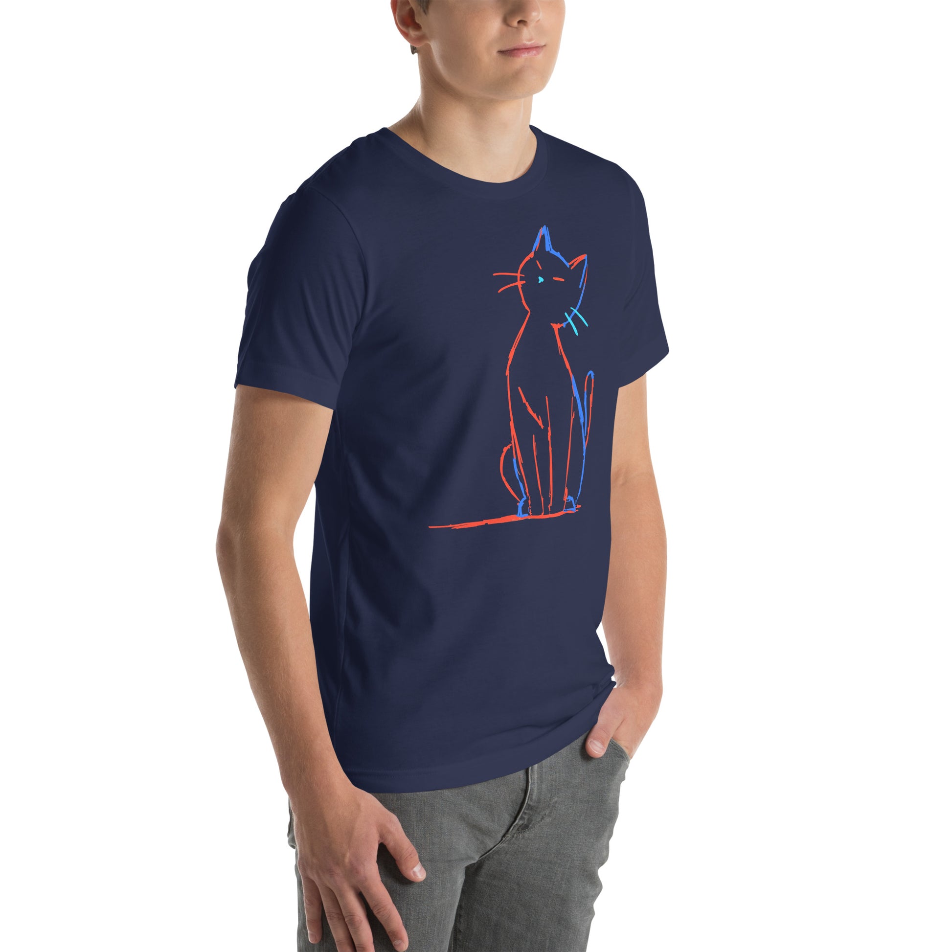 Right front view of navy t-shirt with simple neon outlined cat in red, blue, and teal lines