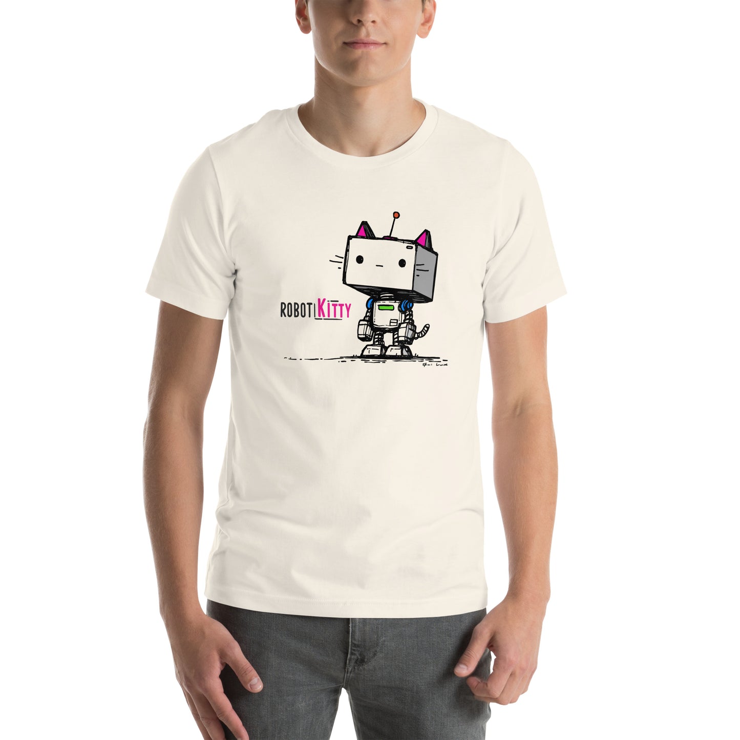 Front view of vintage white t-shirt with adorable robot kitty graphic and square head design