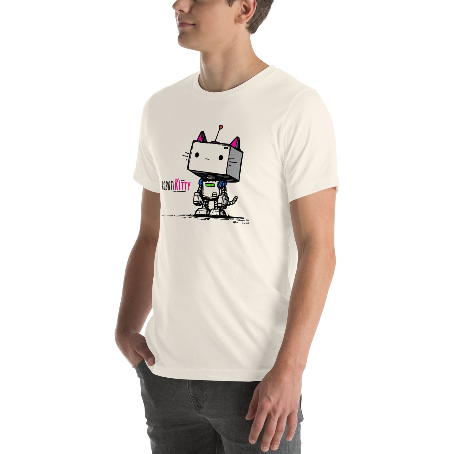 Left front view of vintage white t-shirt showing digital cat with mechanical body and pink typography
