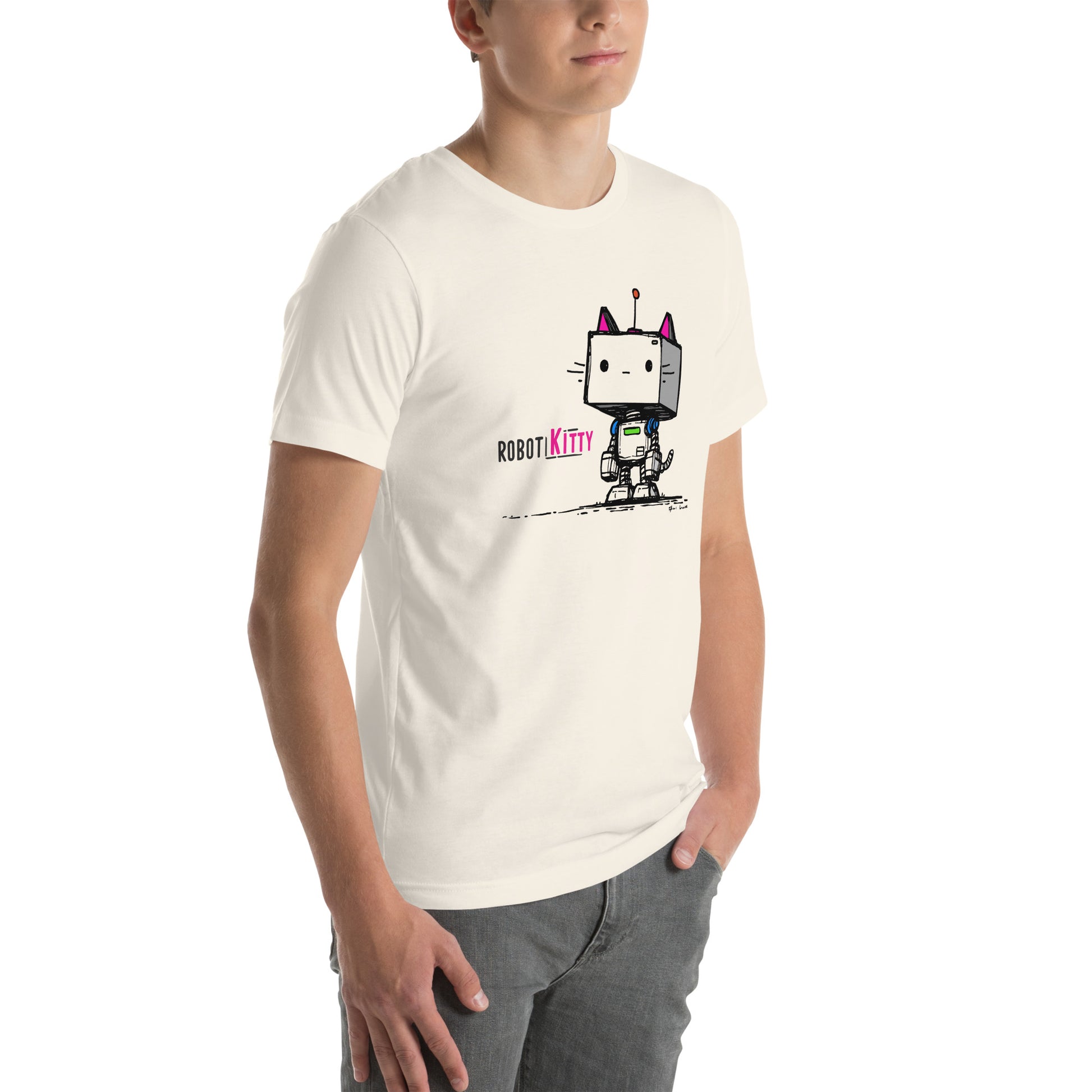 Right front view of vintage white t-shirt with retro robot cat illustration and pink ears