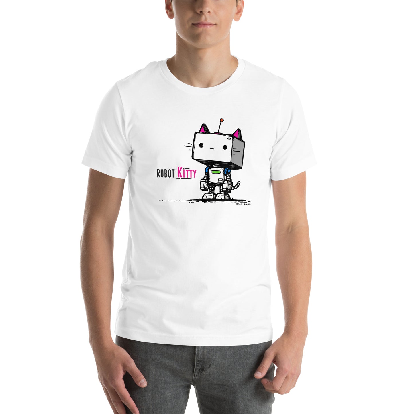 Front view of white t-shirt featuring cute square-headed robot cat design with pink accents