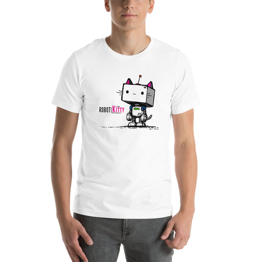 Front view of white t-shirt featuring cute square-headed robot cat design with pink accents