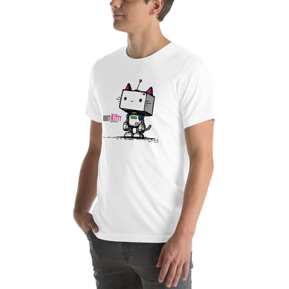 Left front view of white t-shirt showing blocky robot cat illustration with "ROBOT KITTY" text