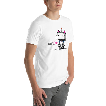 Right front view of white t-shirt with boxy robot cat featuring pink ears and simple tech details