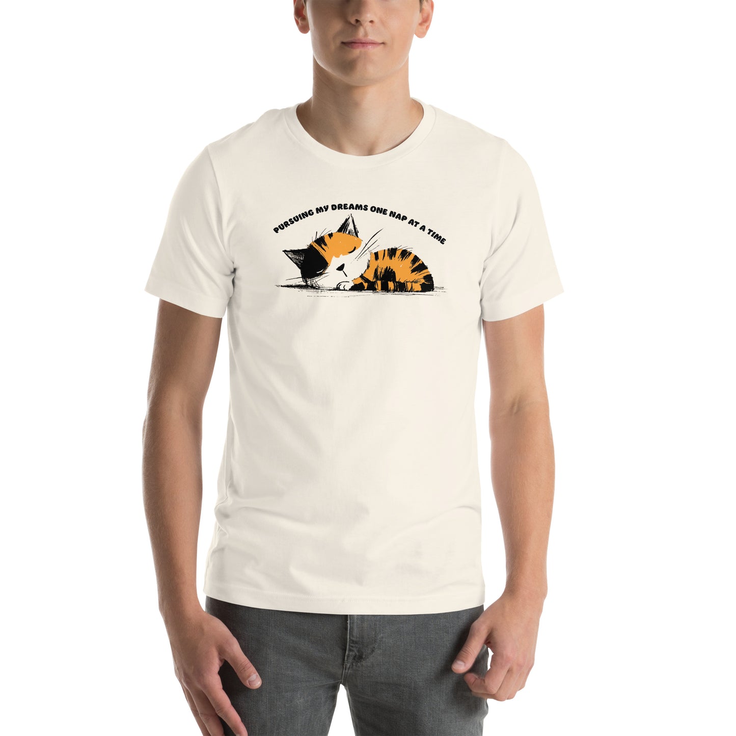 Front view of vintage white t-shirt with hand-drawn sleepy cat illustration and dreamy nap quote
