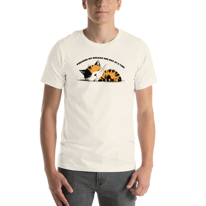 Front view of vintage white t-shirt with hand-drawn sleepy cat illustration and dreamy nap quote