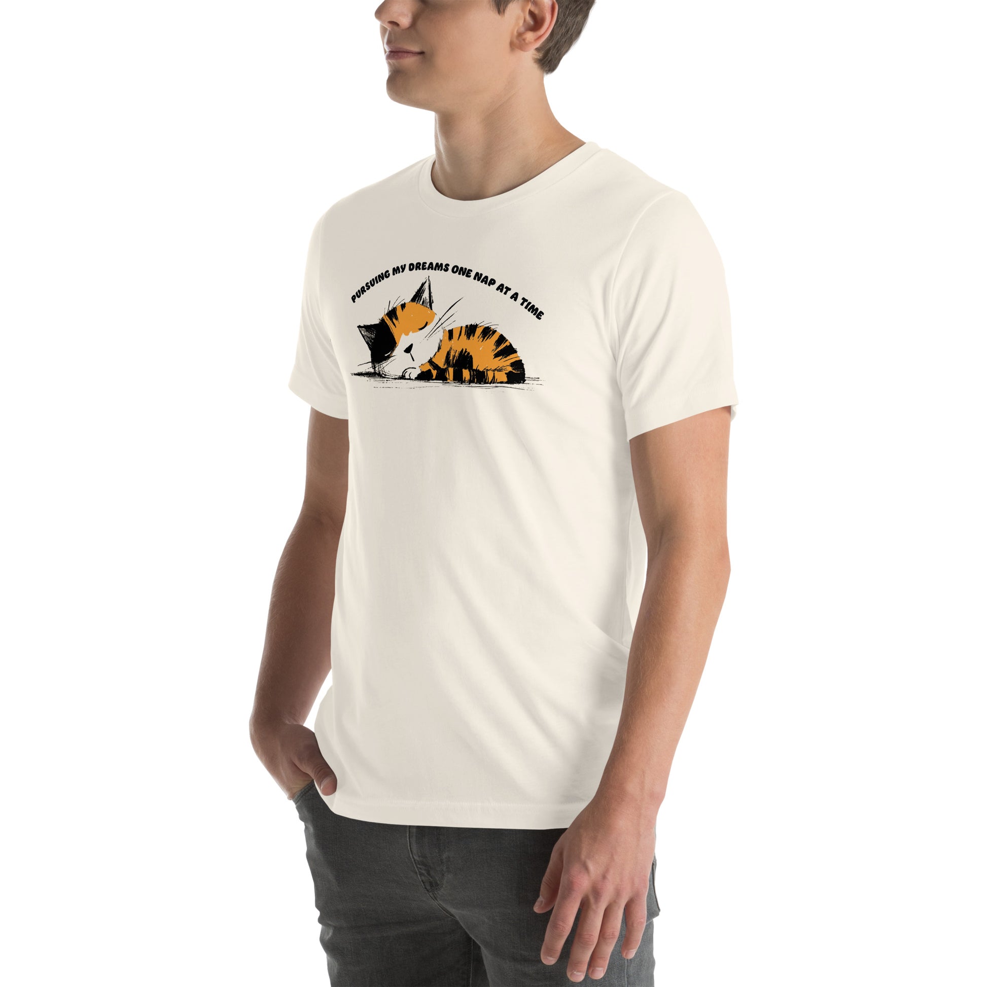 Left front view of vintage white t-shirt featuring whimsical nap message and curled cat