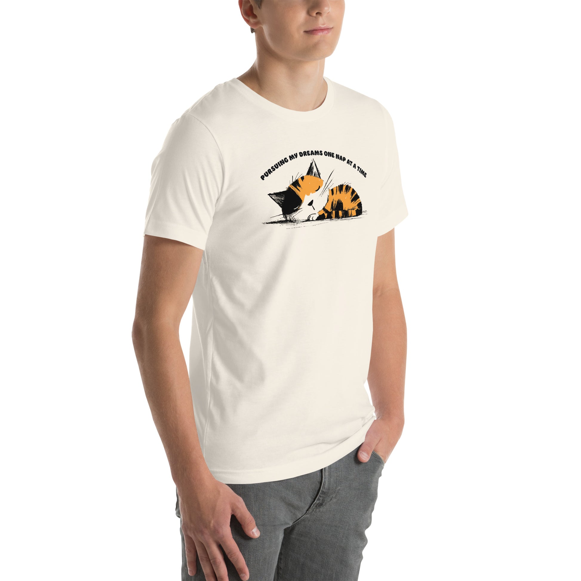 Right front view of vintage white t-shirt with sleepy orange-striped cat and curved nap phrase