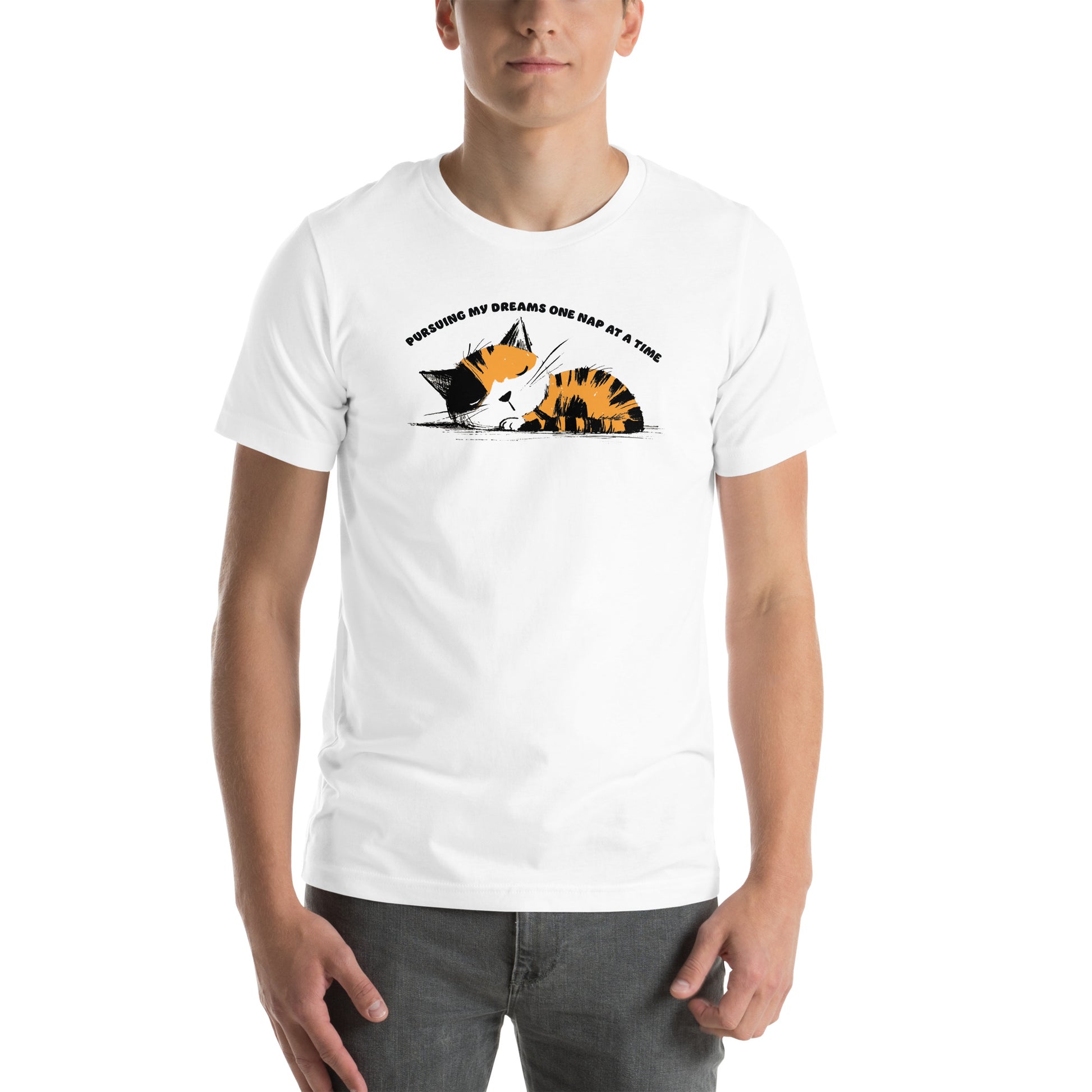 Front view of white t-shirt showing curled-up cat and quote “Pursuing My Dreams One Nap at a Time”