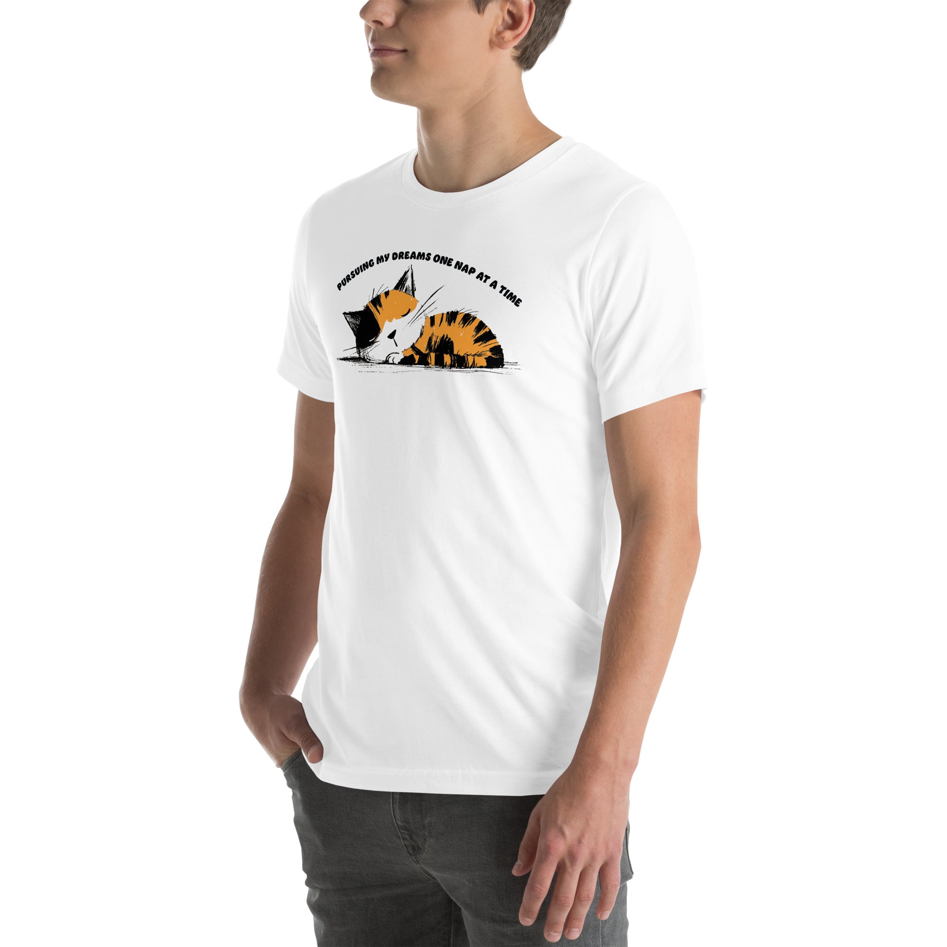 Left front view of white t-shirt featuring peaceful kitty art and curved slogan text